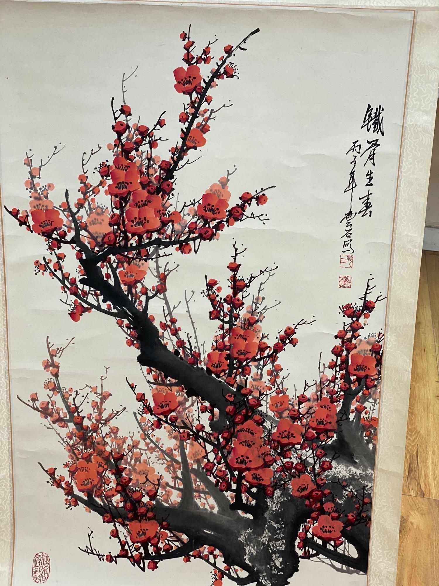 A Chinese watercolour painting on silk of prunus blossom